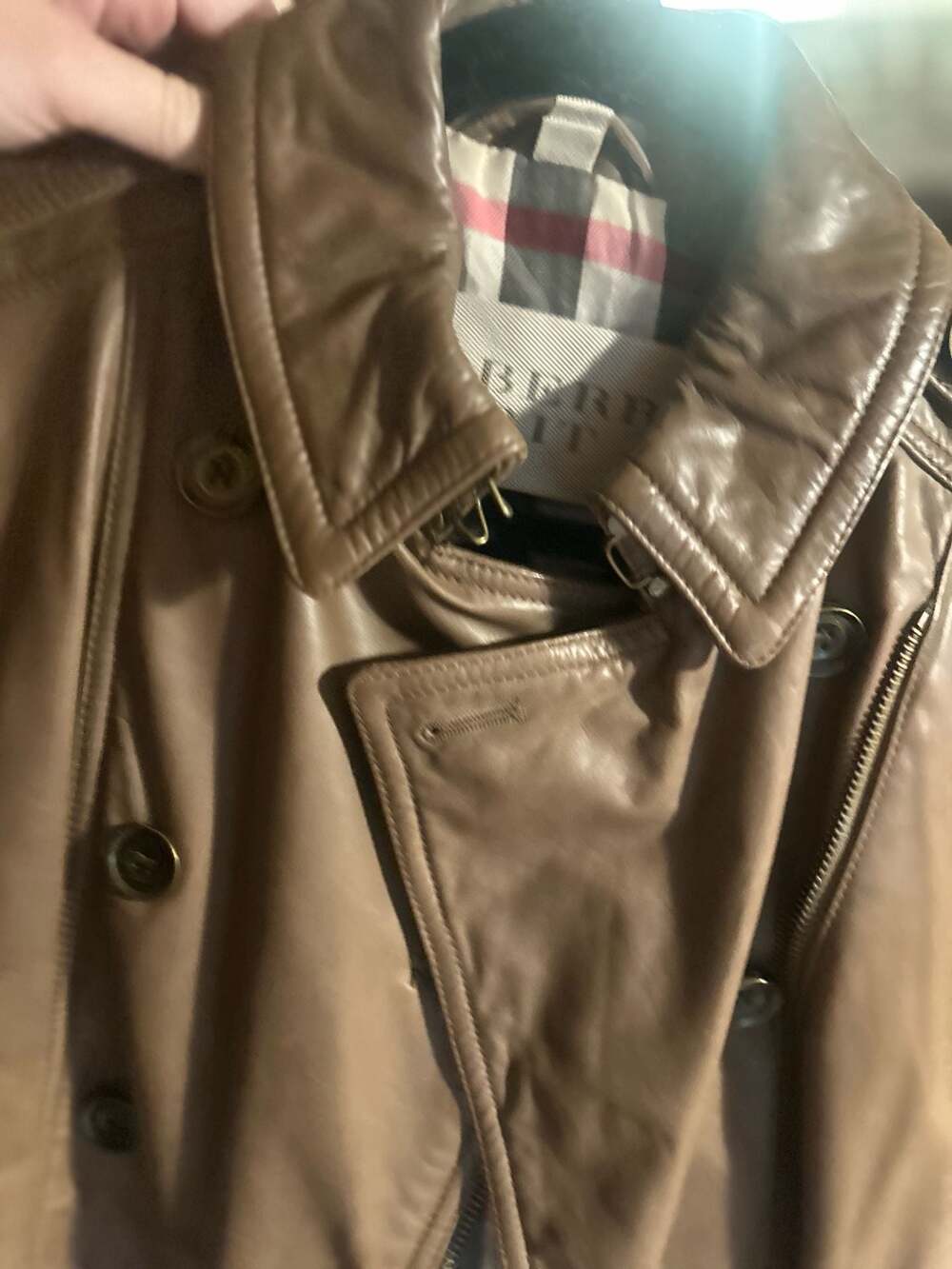 Burberry Brit Camel Brown Leather Quilted Double Breasted Belted Trench Jacket - Picture 12 of 13